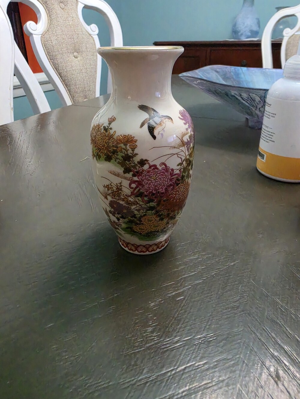 Decorative Floral Porcelain Vase in Cream with Multicolor Accents